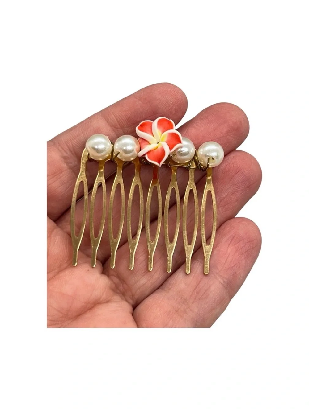 Gold Hair Comb with Coral Plumeria Flower and Pearl Accents FINAL PRICE DROP